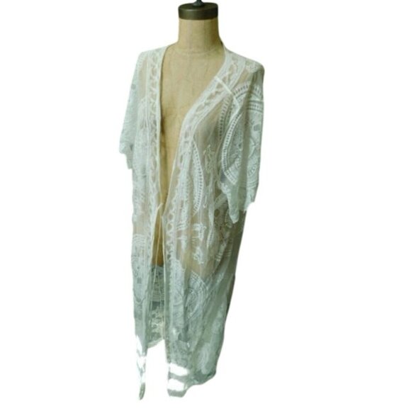 Nina Leonard Size 2X Plus Size Sheer White Lace Duster Style Top - Picture 2 of 3